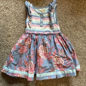 Matilda Jane Girls Dress Size 4 Sleeveless Blue Pink Stripe Top Floral Skirt